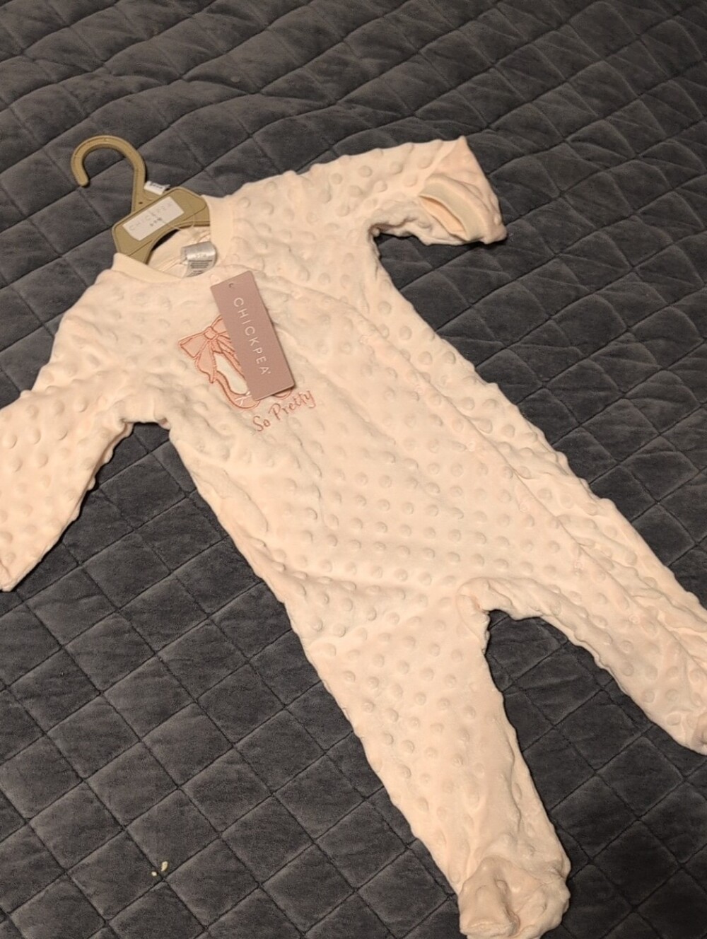 Chick pea Light PinkTextured Footed Baby One-Piece with Embroidered Detail